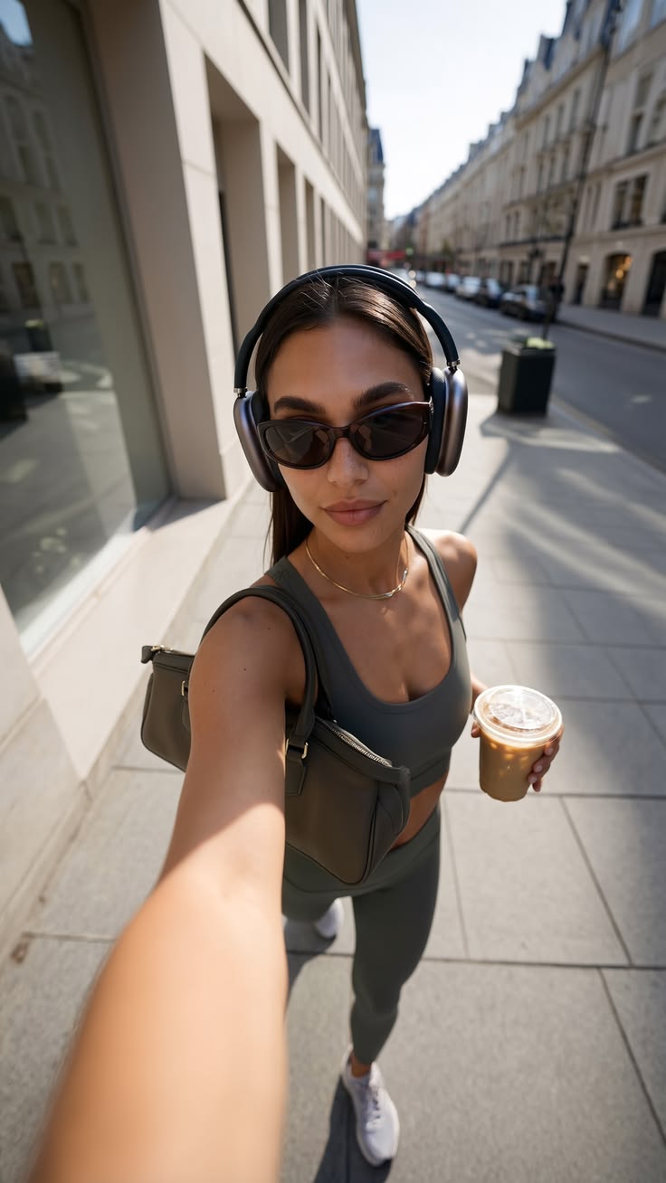 Creator walking a city street with headphones