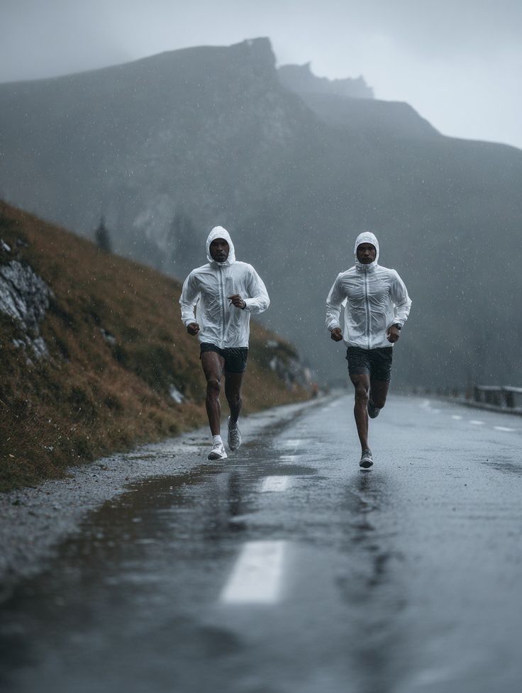 Two runners on a mountain road in the rain